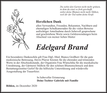 Traueranzeige von Edelgard Brand von Südthüringer Presse