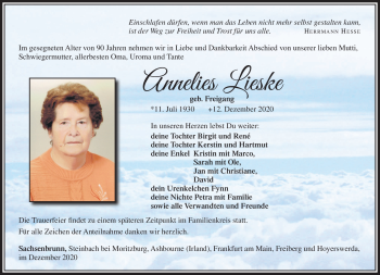 Traueranzeige von Anneliese Lieske von Südthüringer Presse
