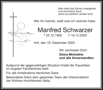Traueranzeige von Manfred Schwarzer von Frankenpost