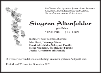Traueranzeige von Siegrun Altenfelder von Südthüringer Presse