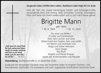 Traueranzeige von Brigitte Mann von Neue Presse Coburg