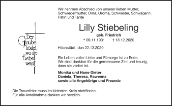 Traueranzeige von Lilly Stiebeling von Frankenpost