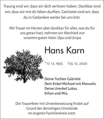 Traueranzeige von Hans Karn von Südthüringer Presse