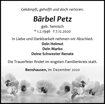 Traueranzeige von Bärbel Petz von Südthüringer Presse
