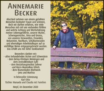 Traueranzeige von Annemarie Becker von Südthüringer Presse