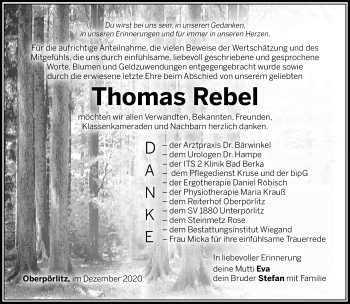 Traueranzeige von Thomas Rebel von Südthüringer Presse
