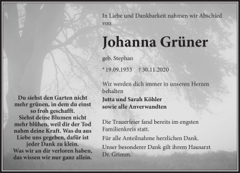 Traueranzeige von Johanna Grüner von Frankenpost