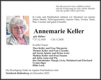 Traueranzeige von Annemarie Keller von Südthüringer Presse