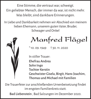 Traueranzeige von Manfred Flägel von Südthüringer Presse