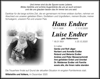 Traueranzeige von Hans Endter von Südthüringer Presse