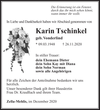 Traueranzeige von Karin Tschinkel von Südthüringer Presse