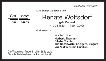 Traueranzeige von Renate Wolfsdorf von Frankenpost