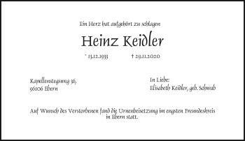 Traueranzeige von Heinz Keidler von Neue Presse Coburg