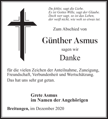 Traueranzeige von Günther Asmus von Südthüringer Presse