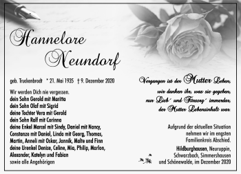 Traueranzeige von Hannelore Neundorf von Südthüringer Presse