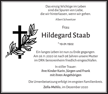 Traueranzeige von Hildegard Staab von Südthüringer Presse