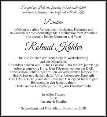 Traueranzeige von Roland Köhler von Südthüringer Presse
