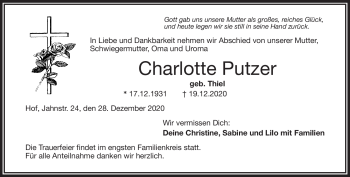Traueranzeige von Charlotte Putzer von Frankenpost