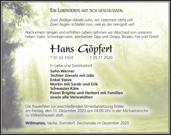 Traueranzeige von Hans Göpfert von Südthüringer Presse