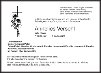 Traueranzeige von Annelies Verschl von Frankenpost