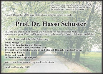 Traueranzeige von Hasso Schuster von Südthüringer Presse