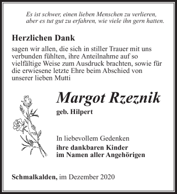 Traueranzeige von Margot Rzeznik von Südthüringer Presse