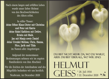 Traueranzeige von Helmut Geiß von Südthüringer Presse