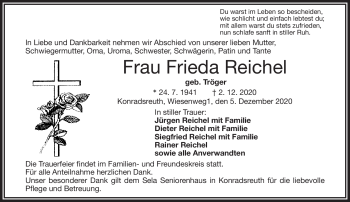 Traueranzeige von Frieda Reichel von Frankenpost