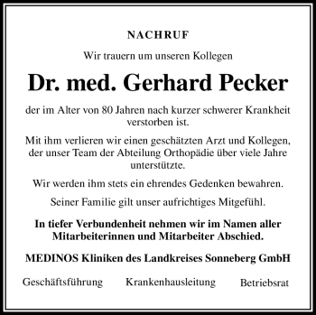 Traueranzeige von Dr. med. Gerhard Pecker von Neue Presse Coburg