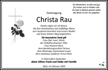 Traueranzeige von Christa Rau von Südthüringer Presse