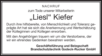 Traueranzeige von Liesl Kiefer von Frankenpost