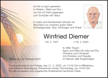Traueranzeige von Winfried Diemer von Südthüringer Presse
