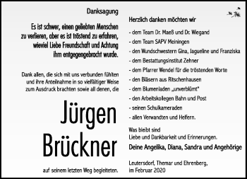 Traueranzeige von Jürgen Brückner von Südthüringer Presse