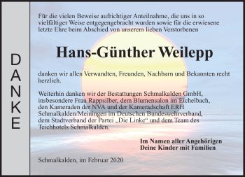 Traueranzeige von Hans-Günther Weilepp von Südthüringer Presse