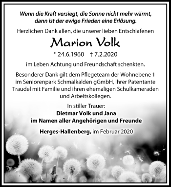 Traueranzeige von Marion Volk von Südthüringer Presse