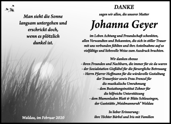 Traueranzeige von Johanna Geyer von Südthüringer Presse