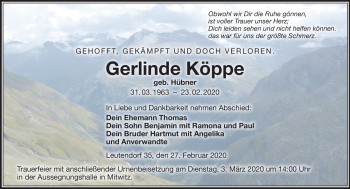 Traueranzeige von Gerlinde Köppe von Neue Presse Coburg