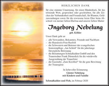 Traueranzeige von Ingeborg Nebelung von Südthüringer Presse