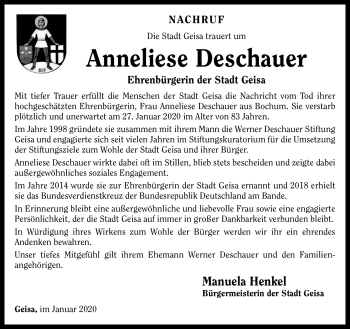 Traueranzeige von Anneliese Deschauer von Südthüringer Presse