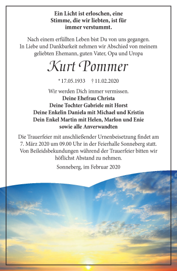 Traueranzeige von Kurt Pommer von Südthüringer Presse