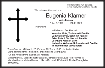 Traueranzeige von Eugenia Klarner von Frankenpost