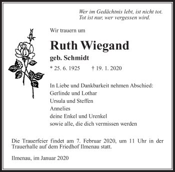 Traueranzeige von Ruth Wiegand von Südthüringer Presse
