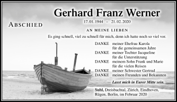 Traueranzeige von Gerhard Franz Werner von Südthüringer Presse