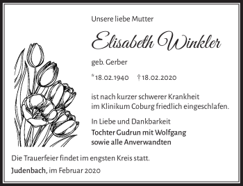 Traueranzeige von Elisabeth Winkler von Südthüringer Presse