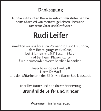 Traueranzeige von Rudi Leifer von Südthüringer Presse