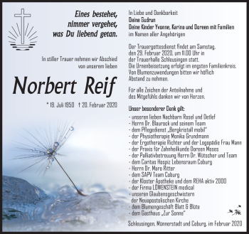 Traueranzeige von Norbert Reif von Südthüringer Presse