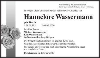 Traueranzeige von Hannelore Wassermann von Südthüringer Presse