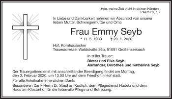Traueranzeige von Emmy Seyb von Frankenpost