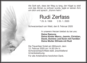 Traueranzeige von Rudi Zerfass von Frankenpost