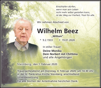 Traueranzeige von Wilhelm Beez von Neue Presse Coburg